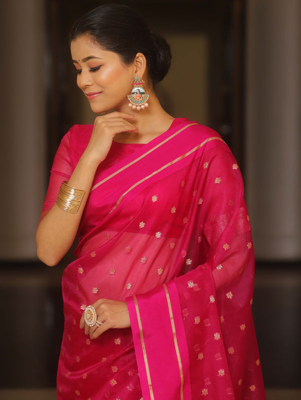 Banarasee Organza Saree With Zari Buti & Satin Border-Pink