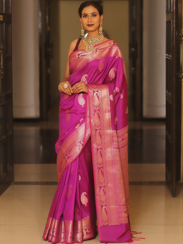 Banarasee Handwoven Dual Tone Semi Silk Saree With Zari Buti-Magenta