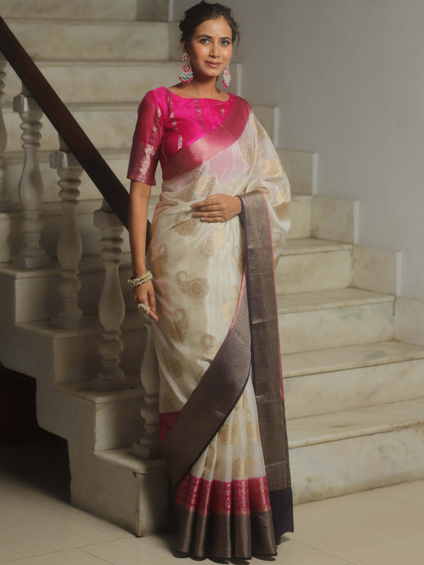 Banarasee Handwoven Semi Silk Saree With Zari Border-White