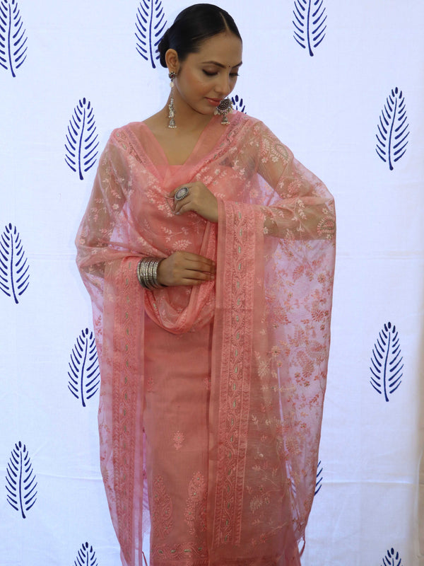 Banarasee Embroidered Chanderi Salwar Kameez With Kota Check Dupatta Set-Pink