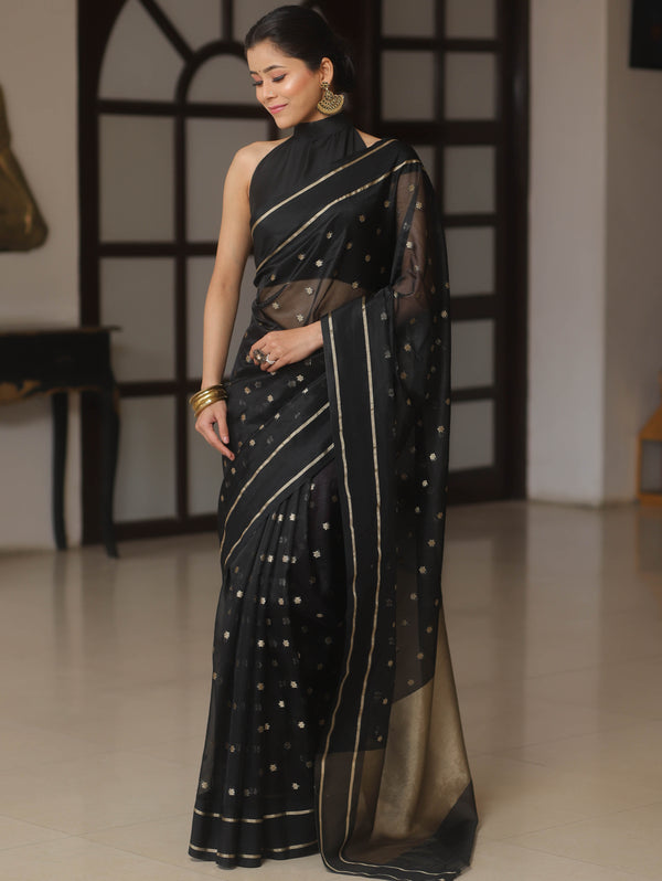 Banarasee Organza Saree With Zari Buti & Satin Border-Black