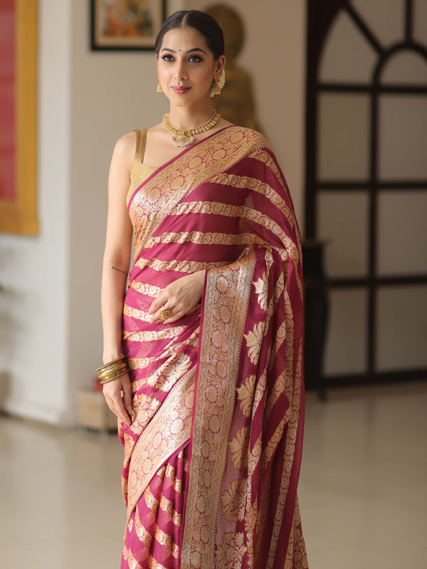 Banarasee Pure Chiffon Silk Saree With Antique Zari Work & Contrast Blouse-Deep Pink