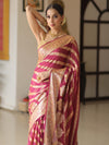 Banarasee Pure Chiffon Silk Saree With Antique Zari Work & Contrast Blouse-Deep Pink