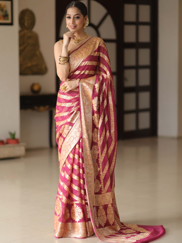 Banarasee Pure Chiffon Silk Saree With Antique Zari Work & Contrast Blouse-Deep Pink
