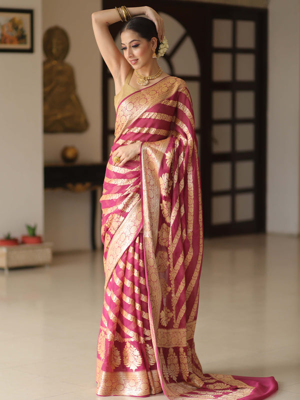 Banarasee Pure Chiffon Silk Saree With Antique Zari Work & Contrast Blouse-Deep Pink