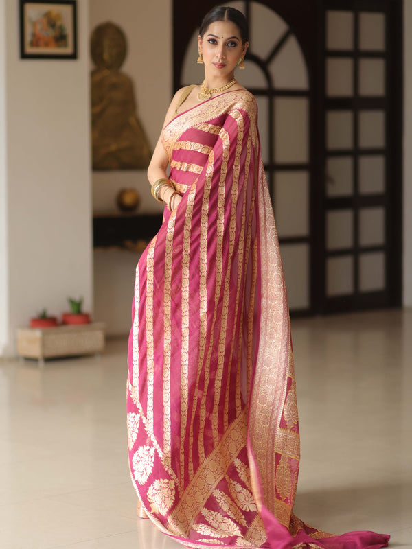 Banarasee Pure Chiffon Silk Saree With Antique Zari Work & Contrast Blouse-Deep Pink