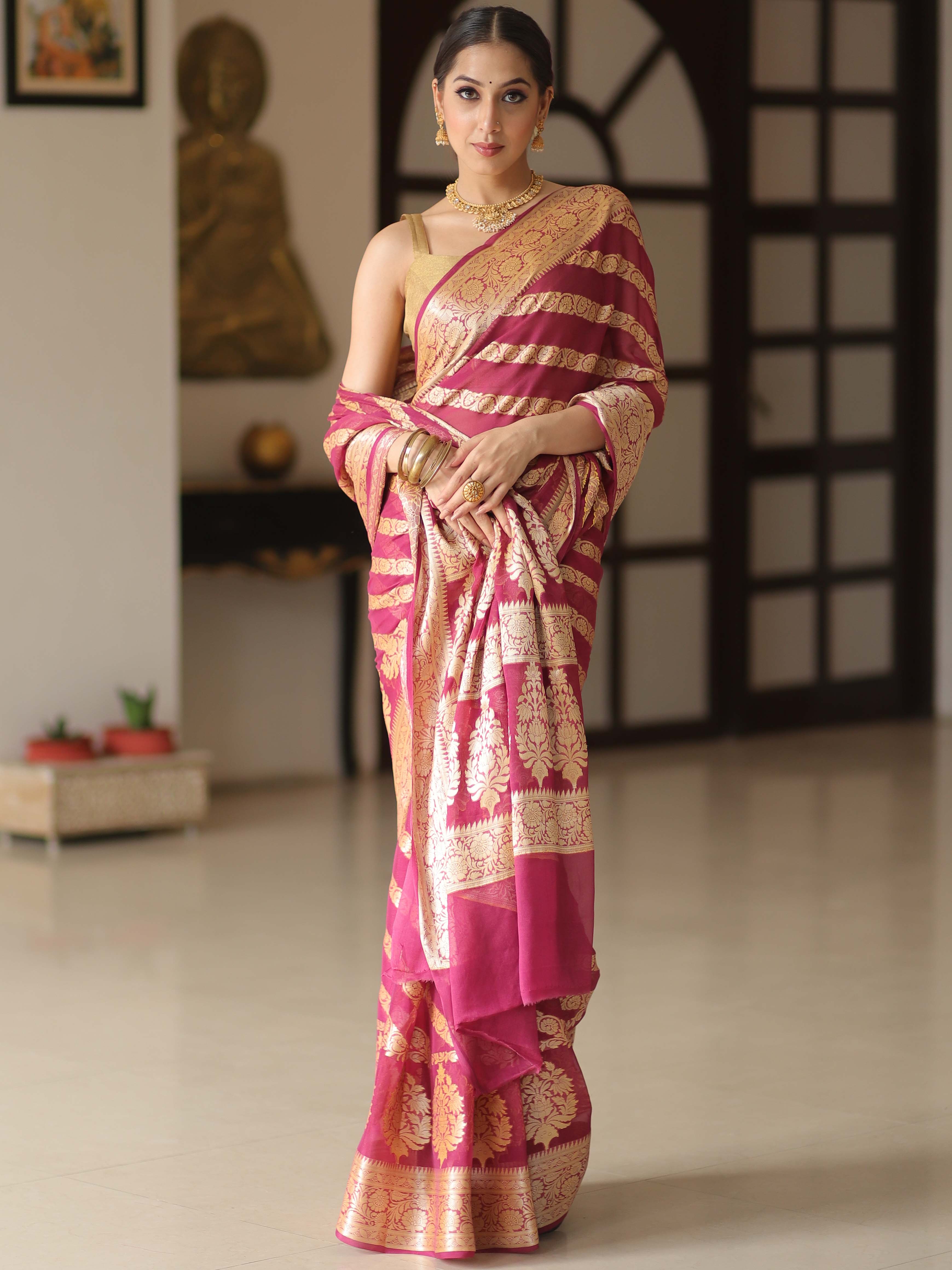 Banarasee Pure Chiffon Silk Saree With Antique Zari Work & Contrast Blouse-Deep Pink