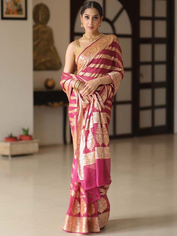 Banarasee Pure Chiffon Silk Saree With Antique Zari Work & Contrast Blouse-Deep Pink