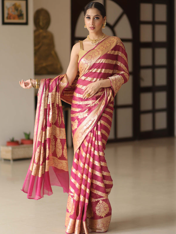 Banarasee Pure Chiffon Silk Saree With Antique Zari Work & Contrast Blouse-Deep Pink