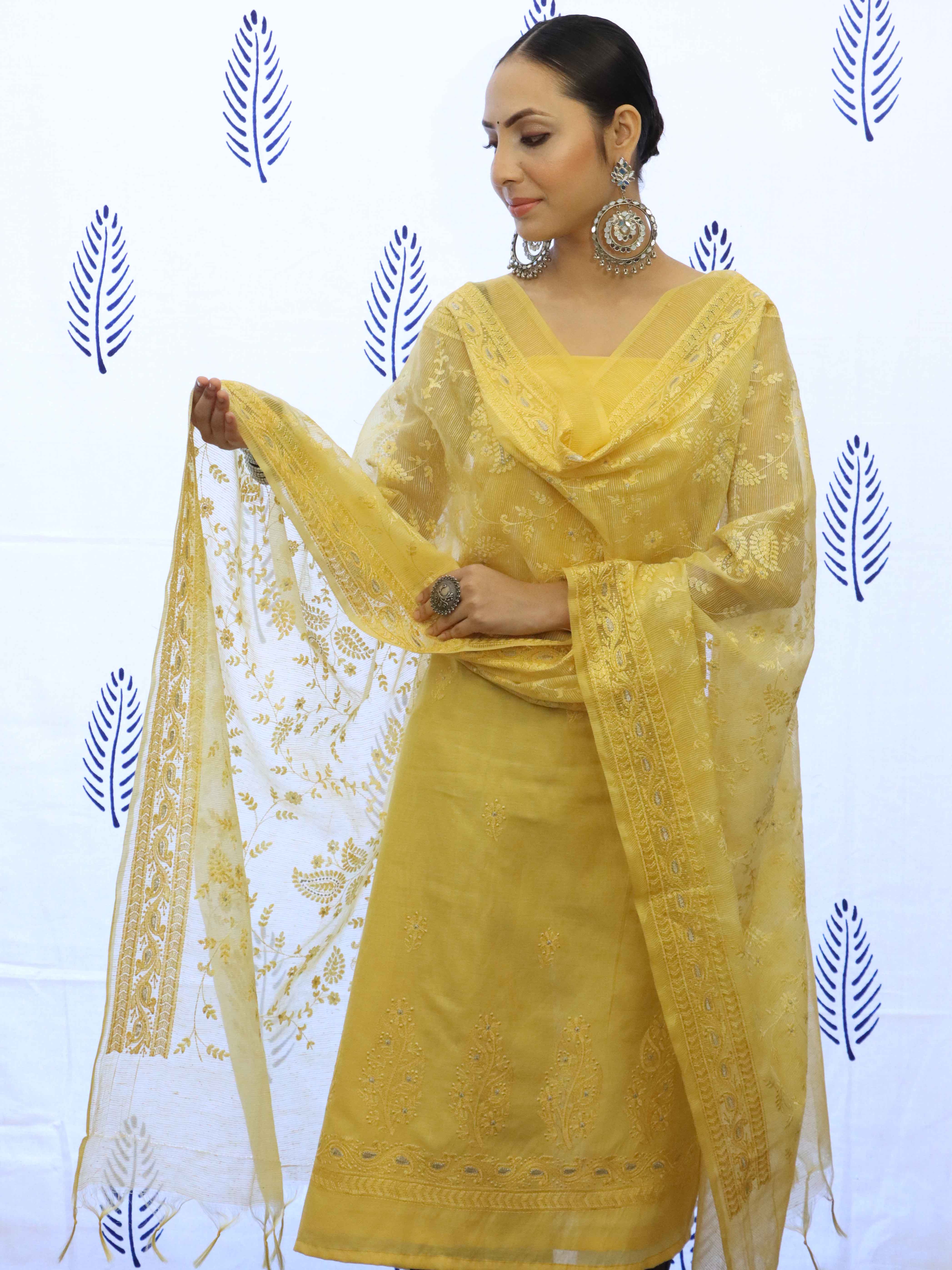 Banarasee Embroidered Chanderi Salwar Kameez With Kota Check Dupatta Set-Yellow