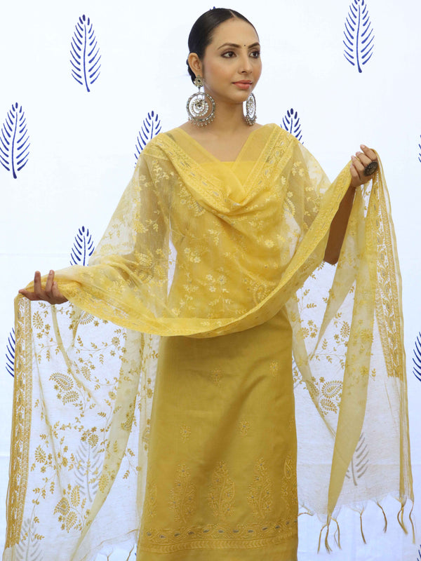 Banarasee Embroidered Chanderi Salwar Kameez With Kota Check Dupatta Set-Yellow