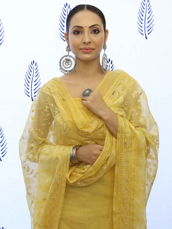 Banarasee Embroidered Chanderi Salwar Kameez With Kota Check Dupatta Set-Yellow