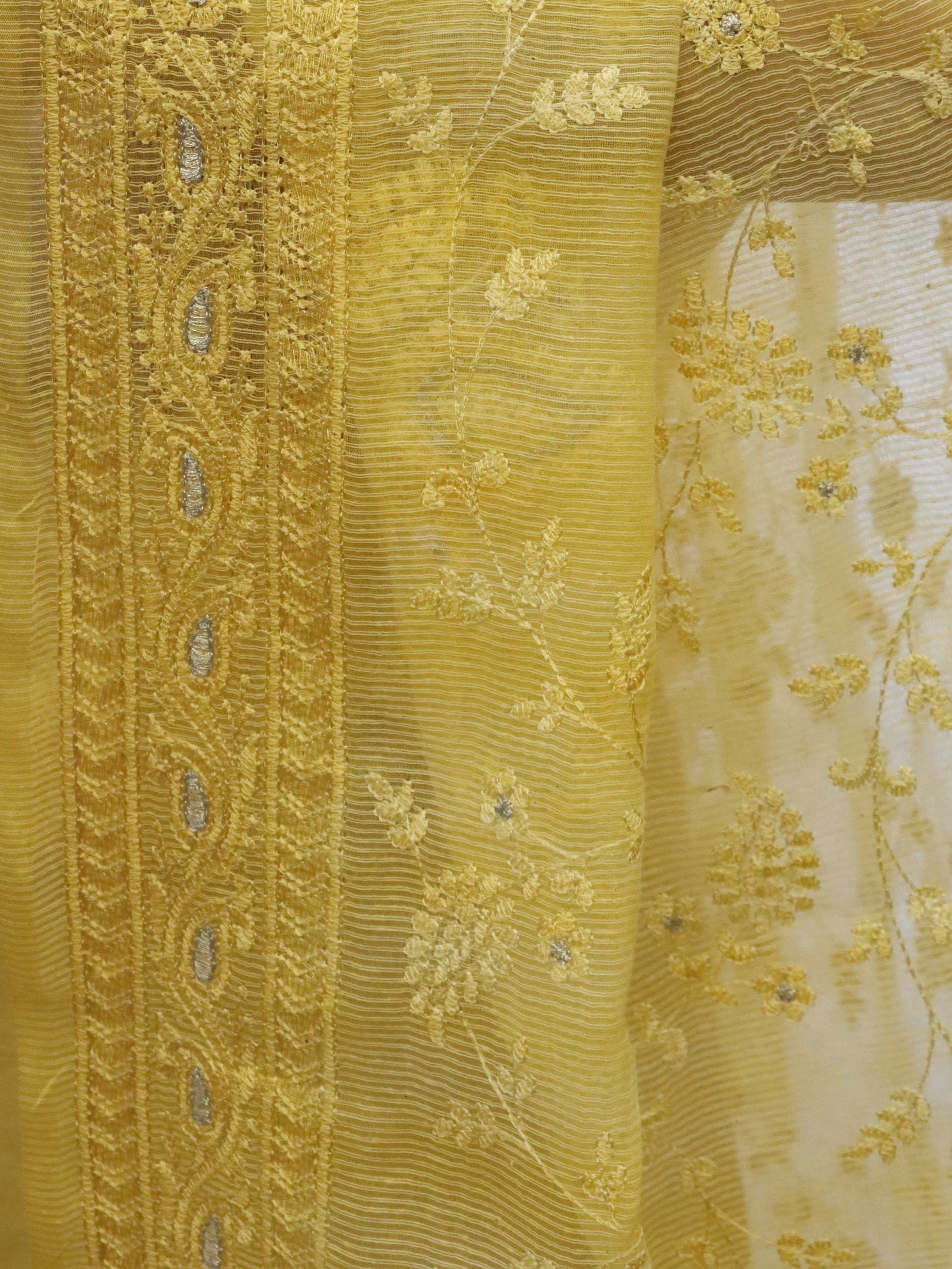 Banarasee Embroidered Chanderi Salwar Kameez With Kota Check Dupatta Set-Yellow