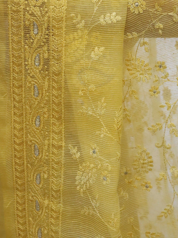 Banarasee Embroidered Chanderi Salwar Kameez With Kota Check Dupatta Set-Yellow