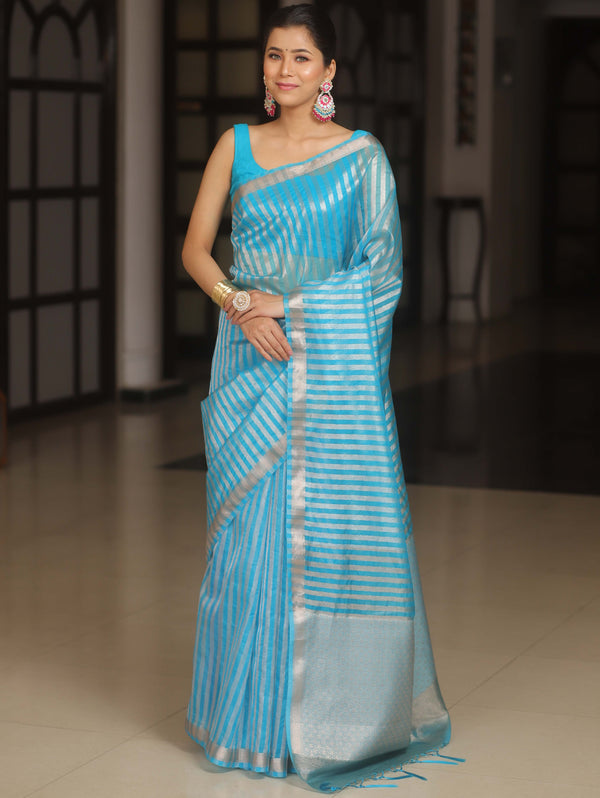 Banarasee Handwoven Striped Tissue Saree-Light Blue
