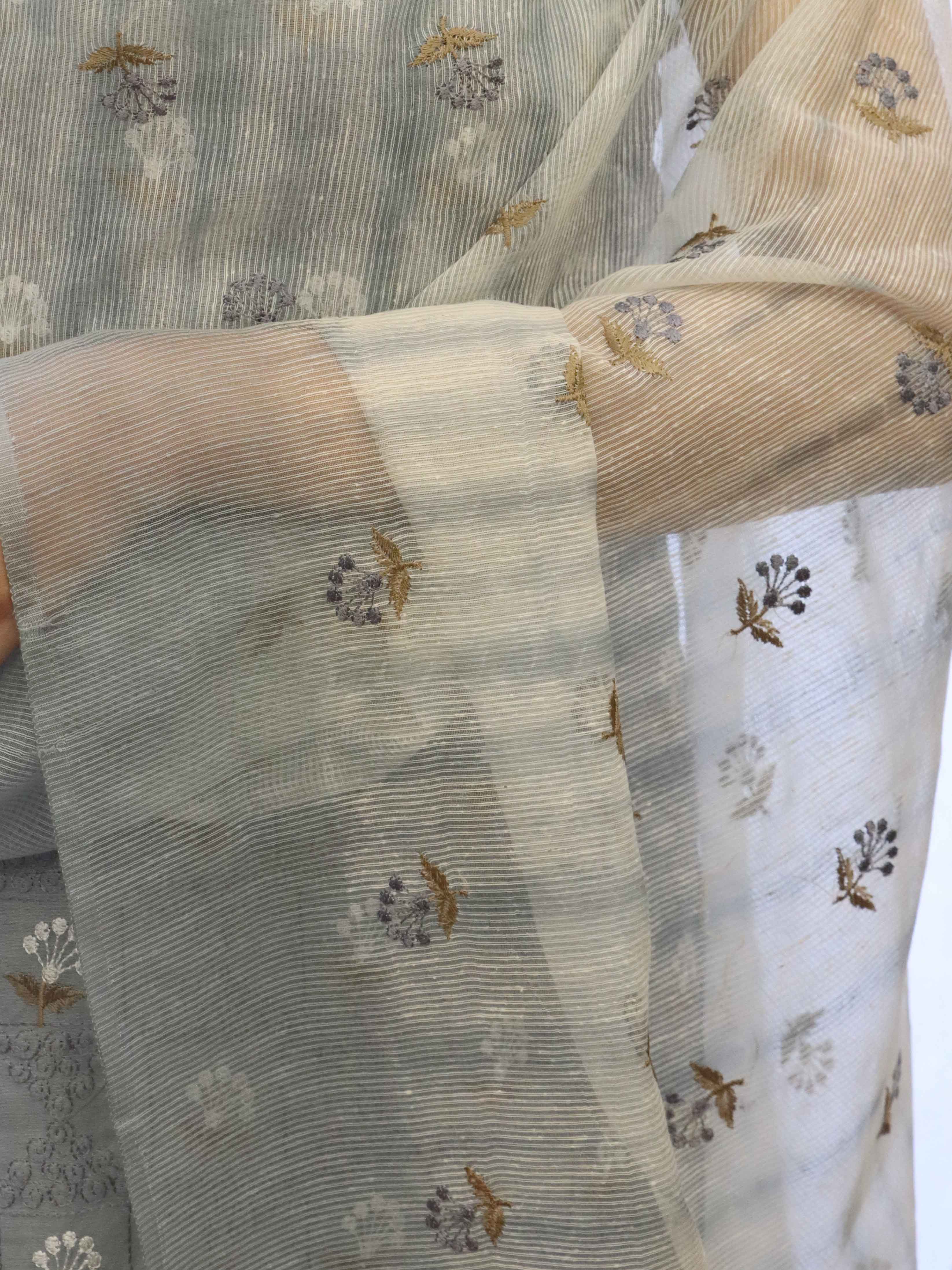 Banarasee Embroidered Chanderi Salwar Kameez With Kota Check Dupatta Set-Grey