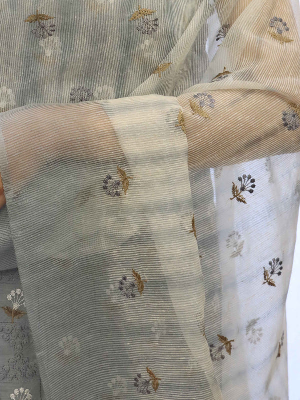 Banarasee Embroidered Chanderi Salwar Kameez With Kota Check Dupatta Set-Grey