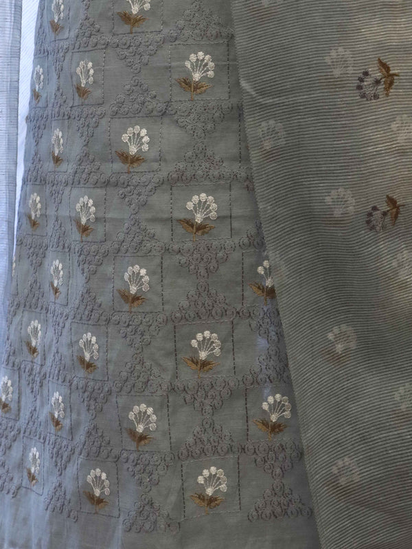 Banarasee Embroidered Chanderi Salwar Kameez With Kota Check Dupatta Set-Grey