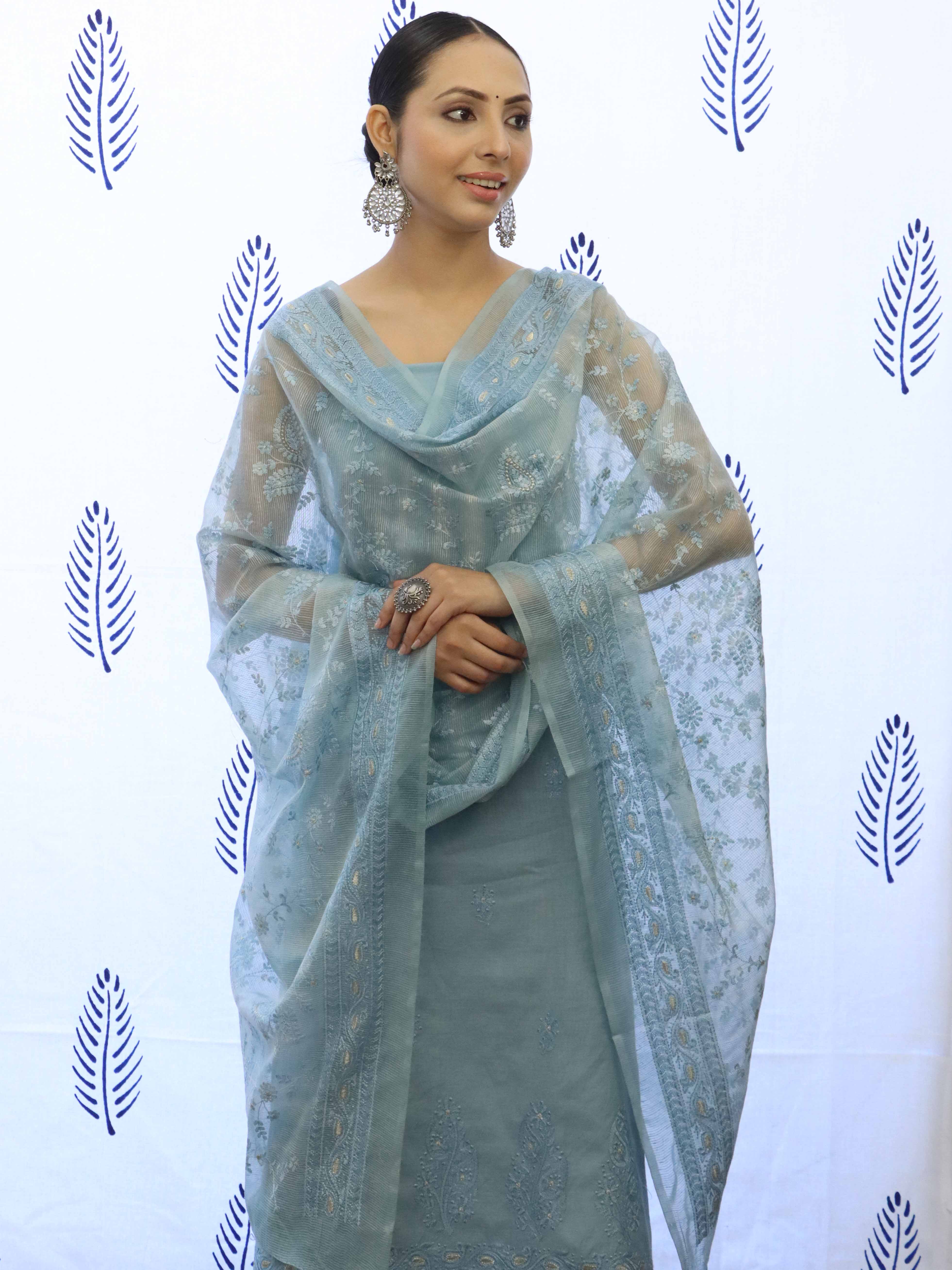 Banarasee Embroidered Chanderi Salwar Kameez With Kota Check Dupatta Set-Bluish Grey