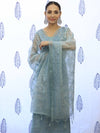 Banarasee Embroidered Chanderi Salwar Kameez With Kota Check Dupatta Set-Bluish Grey