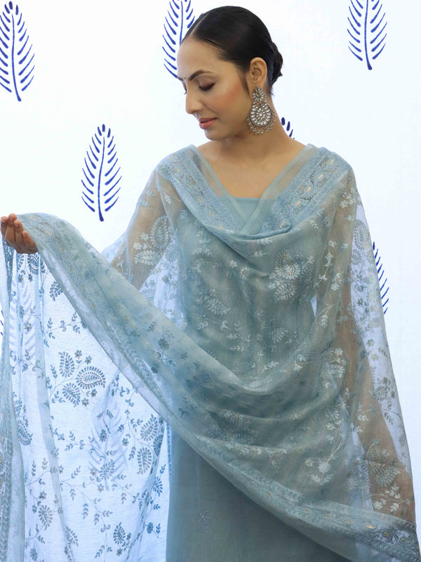 Banarasee Embroidered Chanderi Salwar Kameez With Kota Check Dupatta Set-Bluish Grey