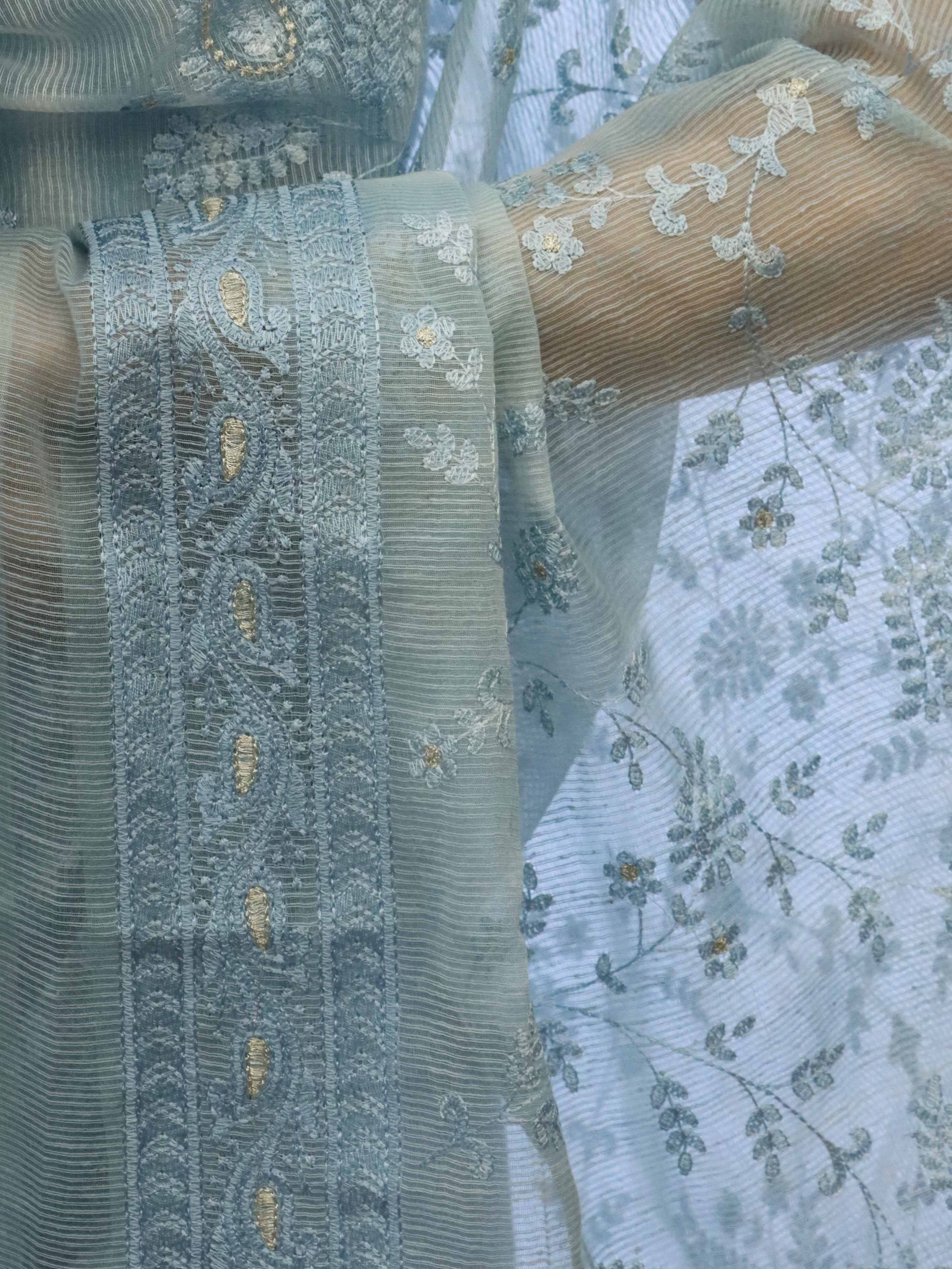 Banarasee Embroidered Chanderi Salwar Kameez With Kota Check Dupatta Set-Bluish Grey