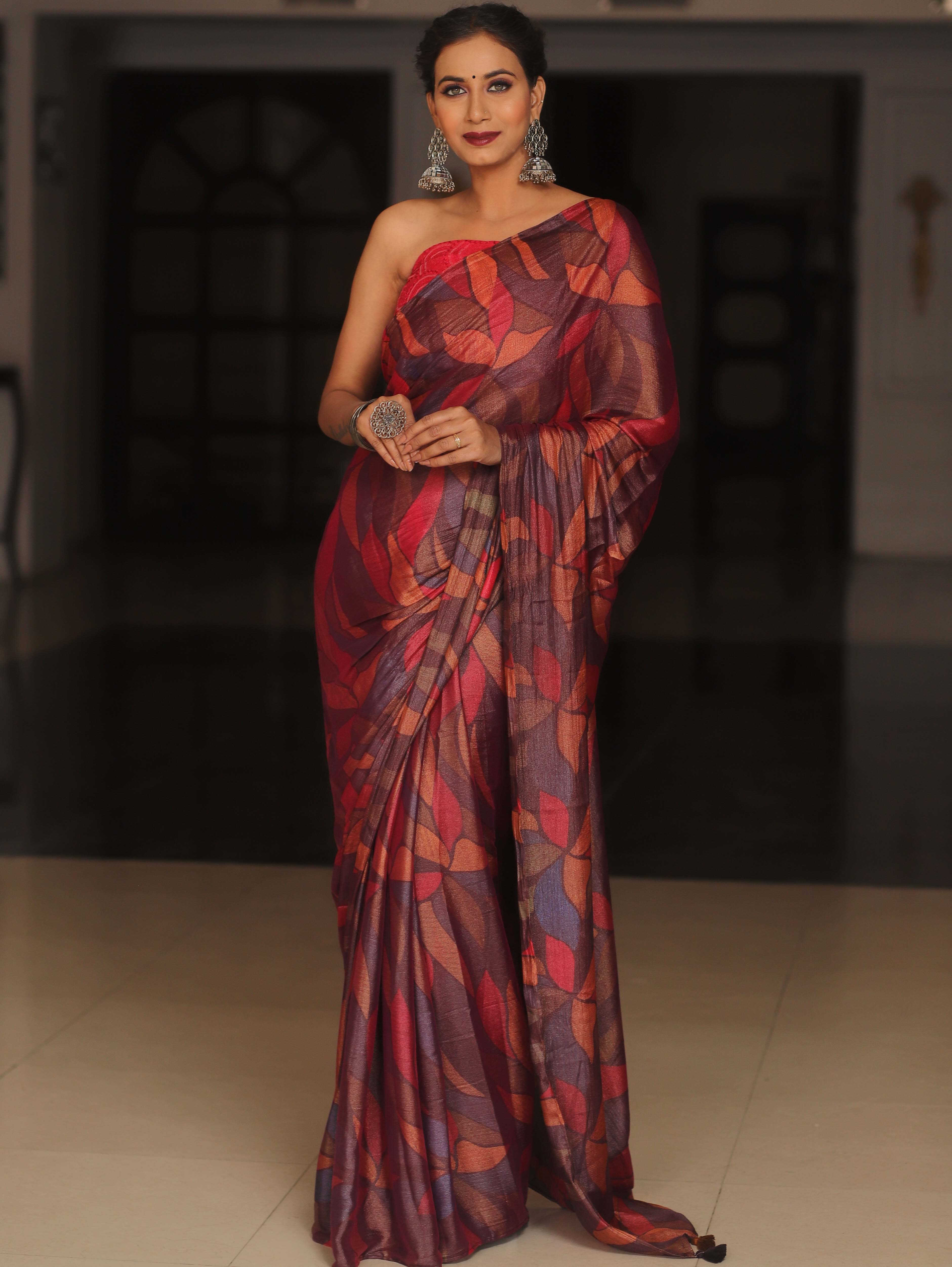 Banarasee Abstract Print Tissue Saree With Contrast Embroidered Blouse-Multicolor