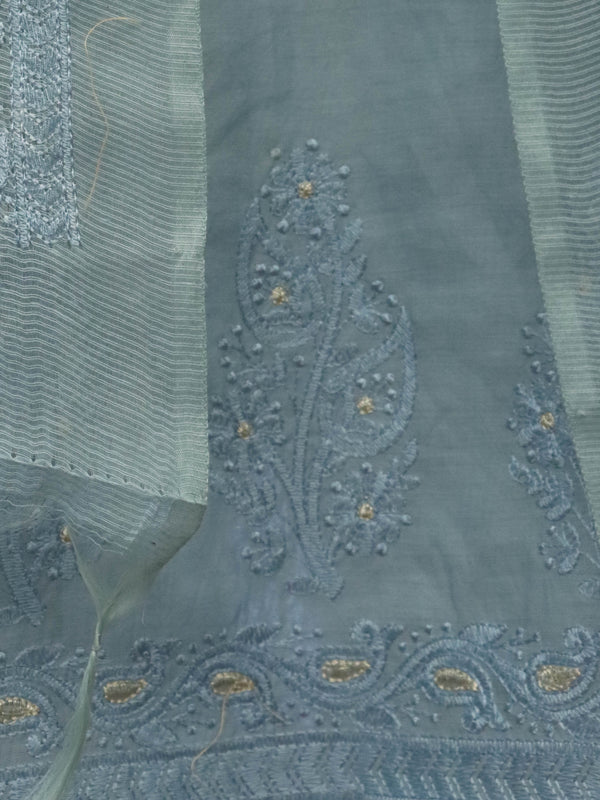 Banarasee Embroidered Chanderi Salwar Kameez With Kota Check Dupatta Set-Bluish Grey