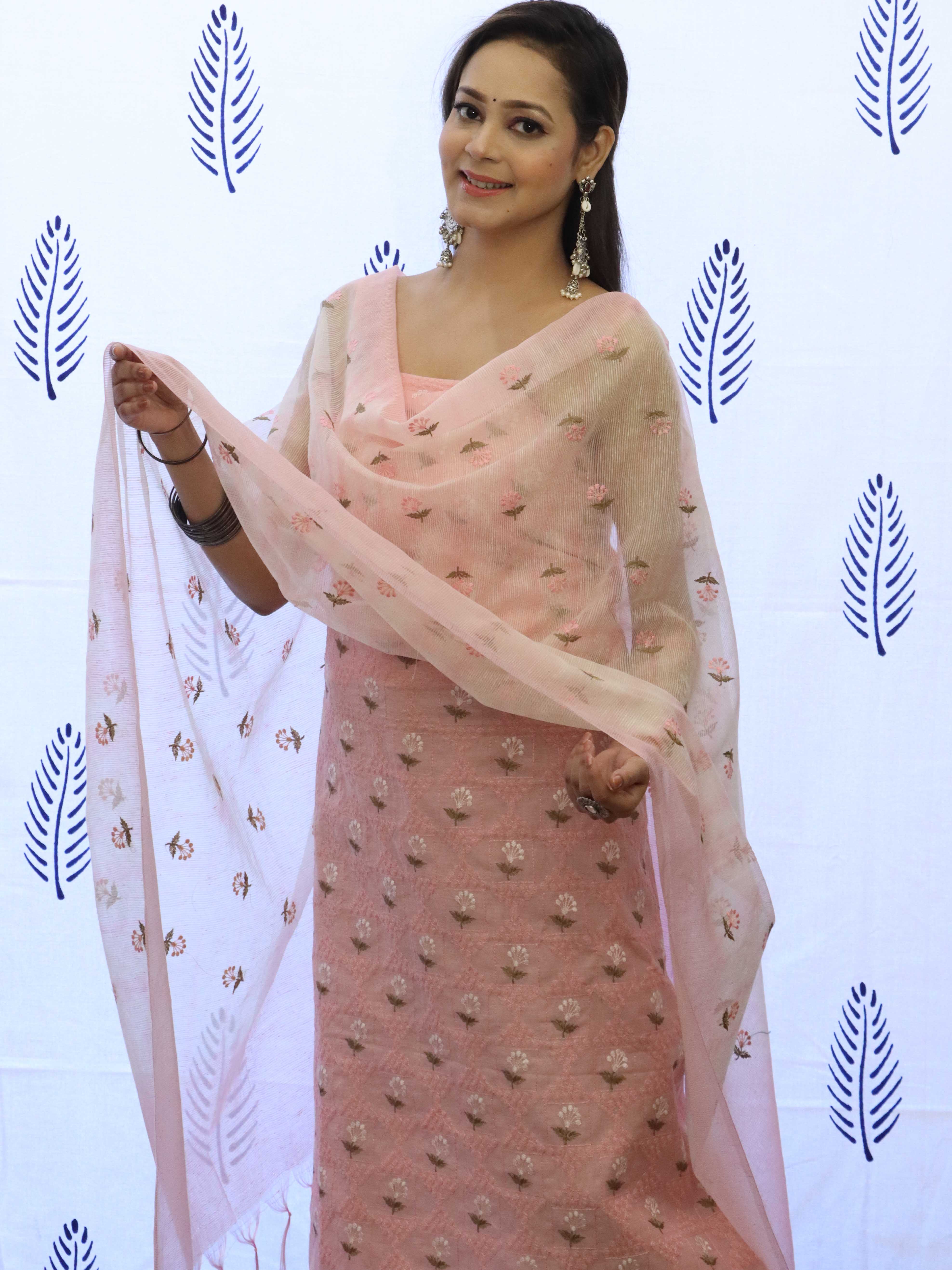 Banarasee Embroidered Chanderi Salwar Kameez With Kota Check Dupatta Set-Peach