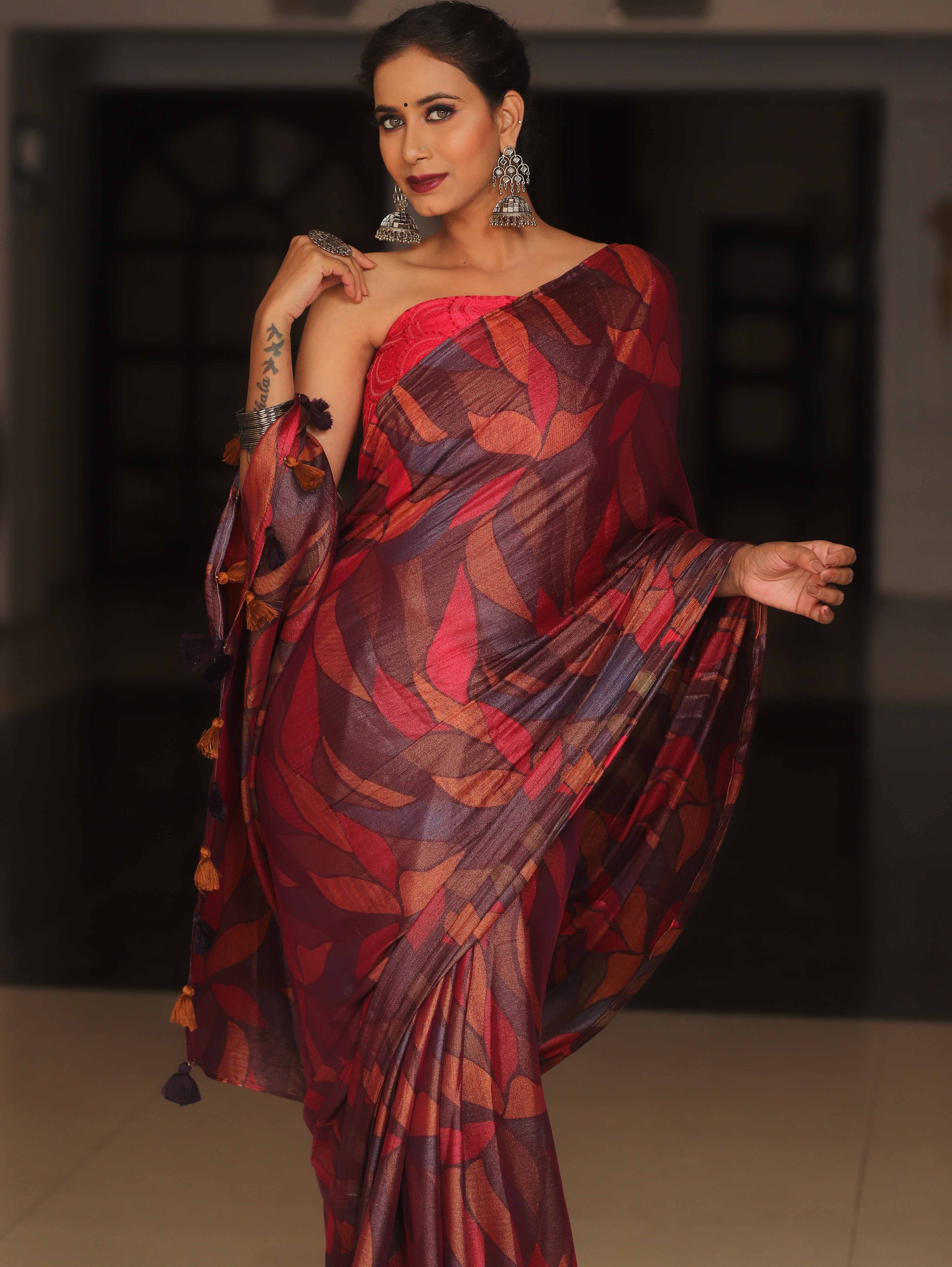 Banarasee Abstract Print Tissue Saree With Contrast Embroidered Blouse-Multicolor