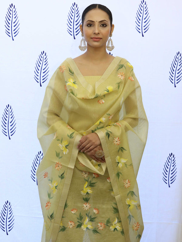 Banarasee Tissue Hand-Painted Salwar Kameez Fabric With Dupatta Set-Yellow