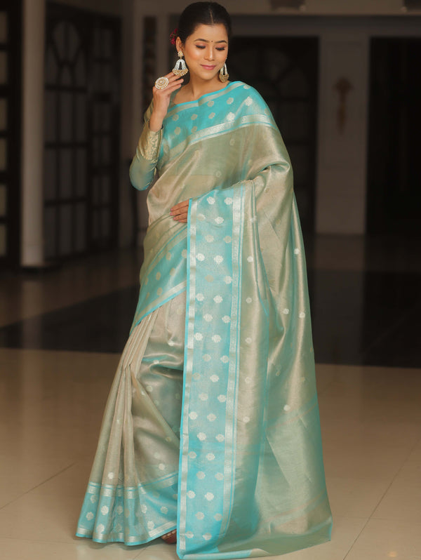 Banarasee Contrast Border Silver Buta Design Tissue Saree-Blue