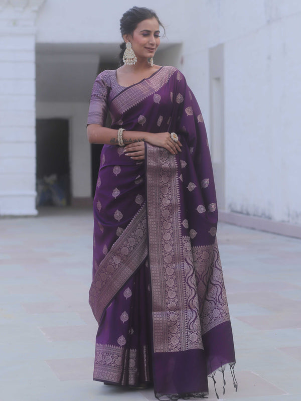 Banarasee Handwoven Semi Silk Saree With Zari Buti Design-Purple