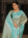 Banarasee Contrast Border Silver Buta Design Tissue Saree-Blue