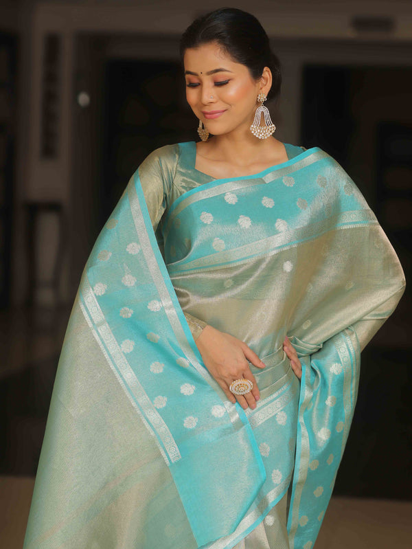 Banarasee Contrast Border Silver Buta Design Tissue Saree-Blue