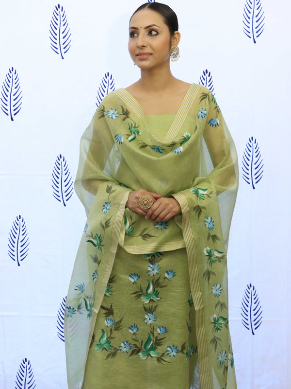 Banarasee Tissue Hand-Painted Salwar Kameez Fabric With Dupatta Set-Light Green