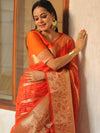 Banarasee Organza Mix Saree With Stripes Design & Broad Border-Orange