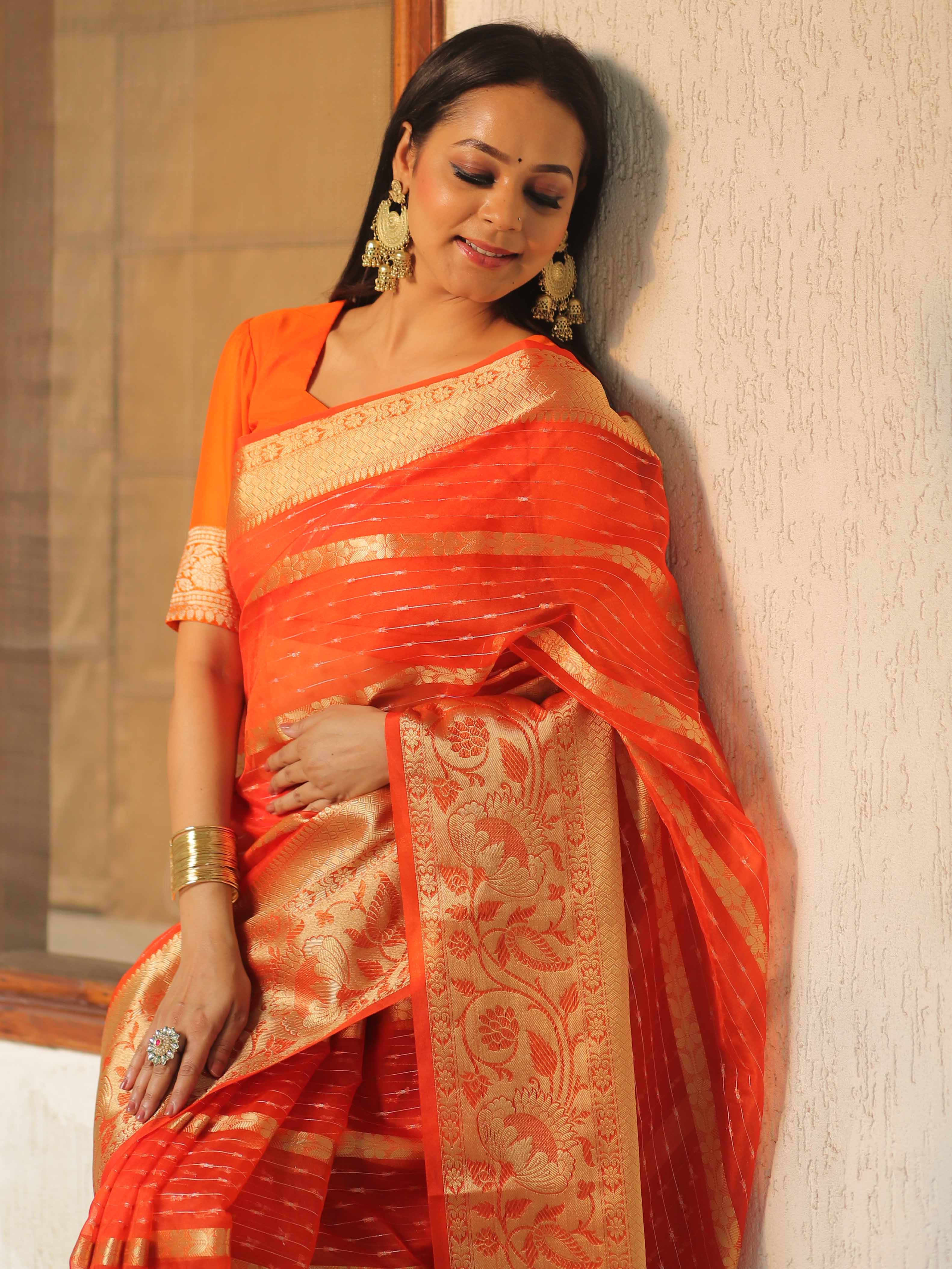 Banarasee Organza Mix Saree With Stripes Design & Broad Border-Orange