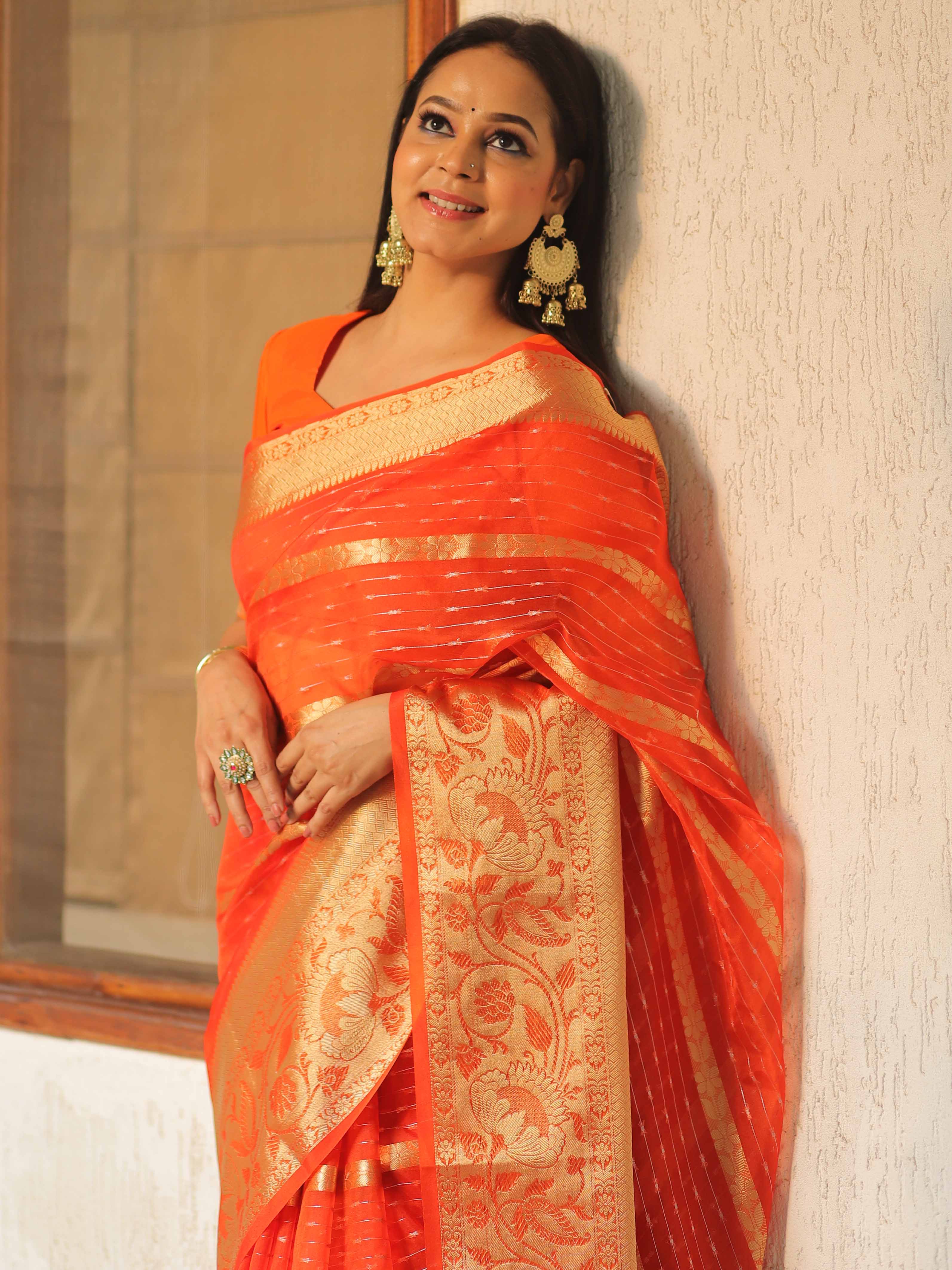 Banarasee Organza Mix Saree With Stripes Design & Broad Border-Orange