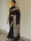 Banarasee Handwoven Semi Silk Saree With Silver Zari Border-Black