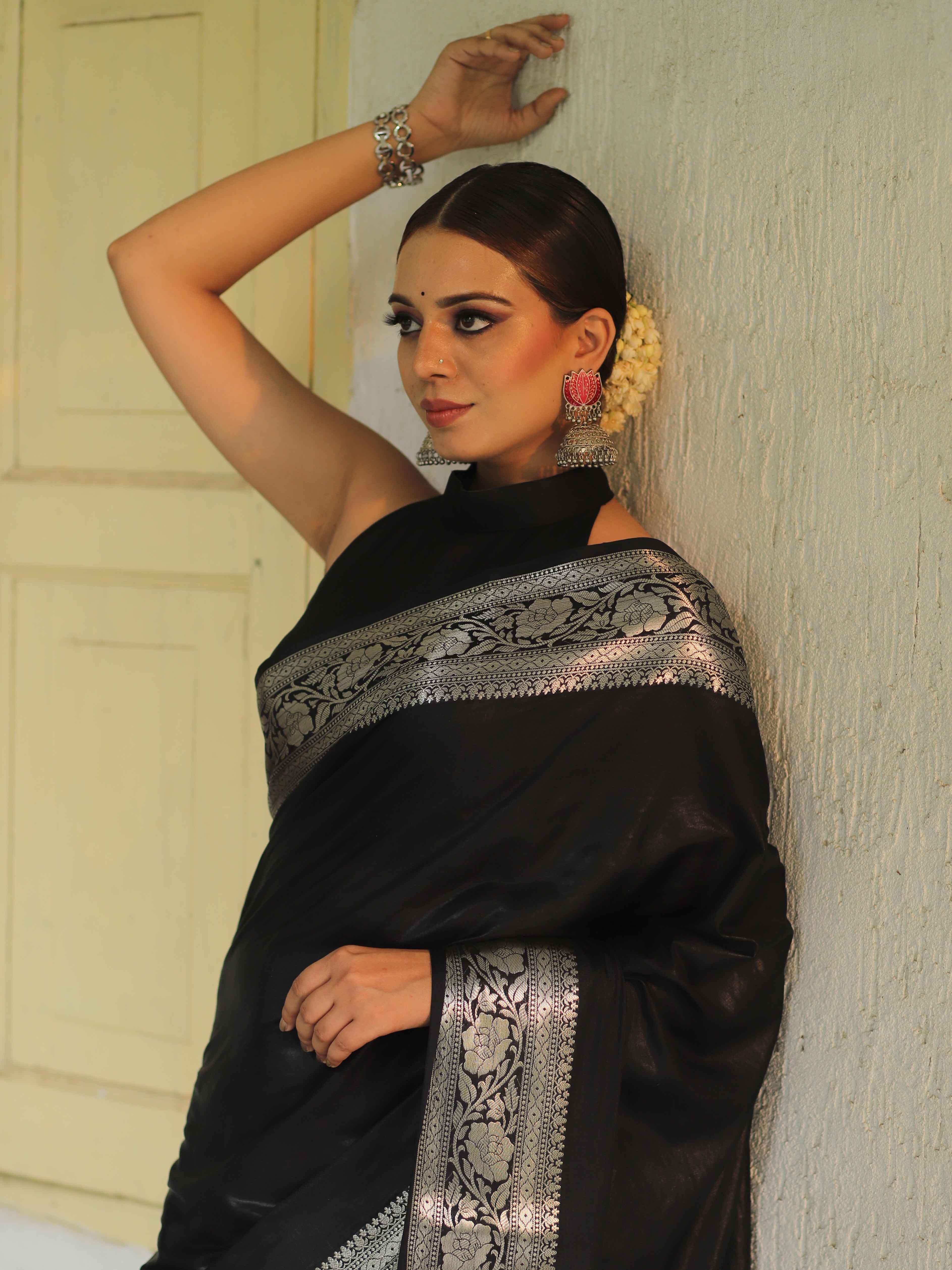 Banarasee Handwoven Semi Silk Saree With Silver Zari Border-Black