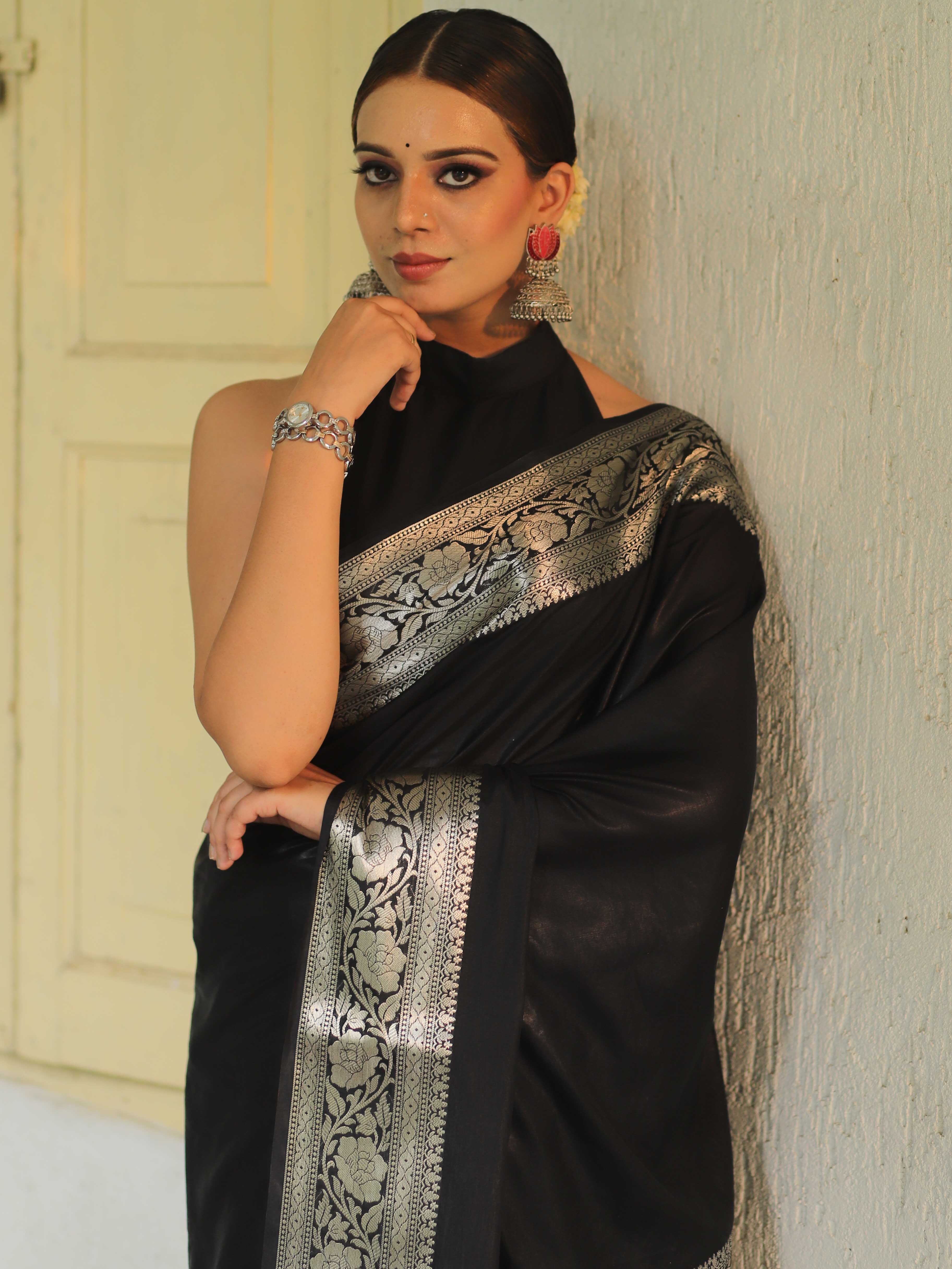 Banarasee Handwoven Semi Silk Saree With Silver Zari Border-Black