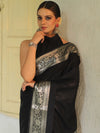 Banarasee Handwoven Semi Silk Saree With Silver Zari Border-Black