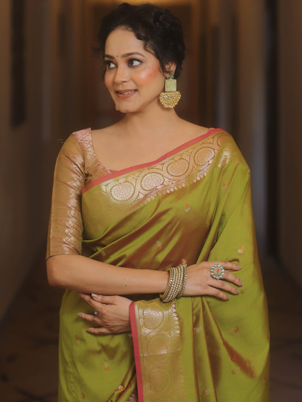 Banarasee Handwoven Semi Silk Saree With Zari Buti Design-Olive Green (Dual Tone)