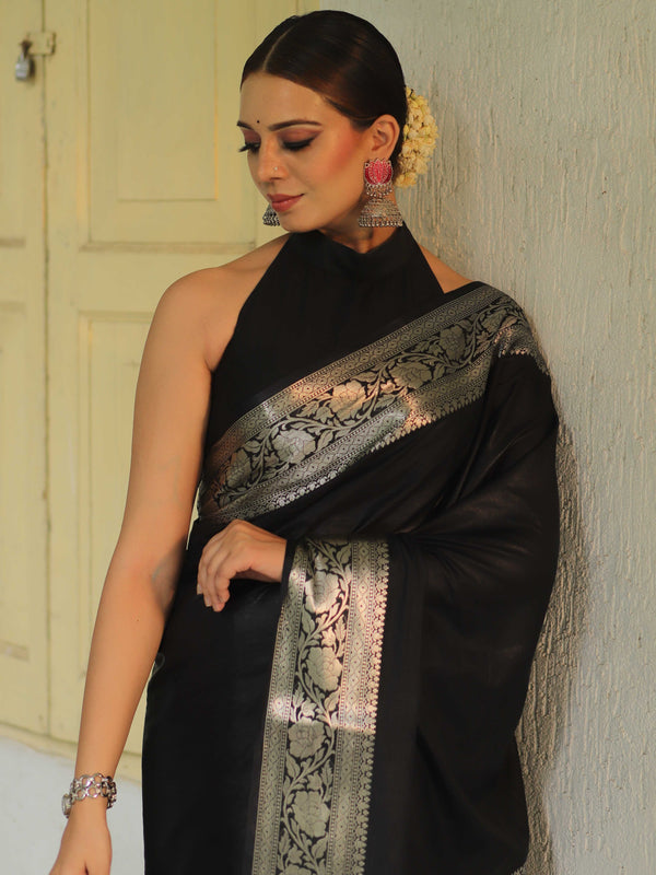 Banarasee Handwoven Semi Silk Saree With Silver Zari Border-Black