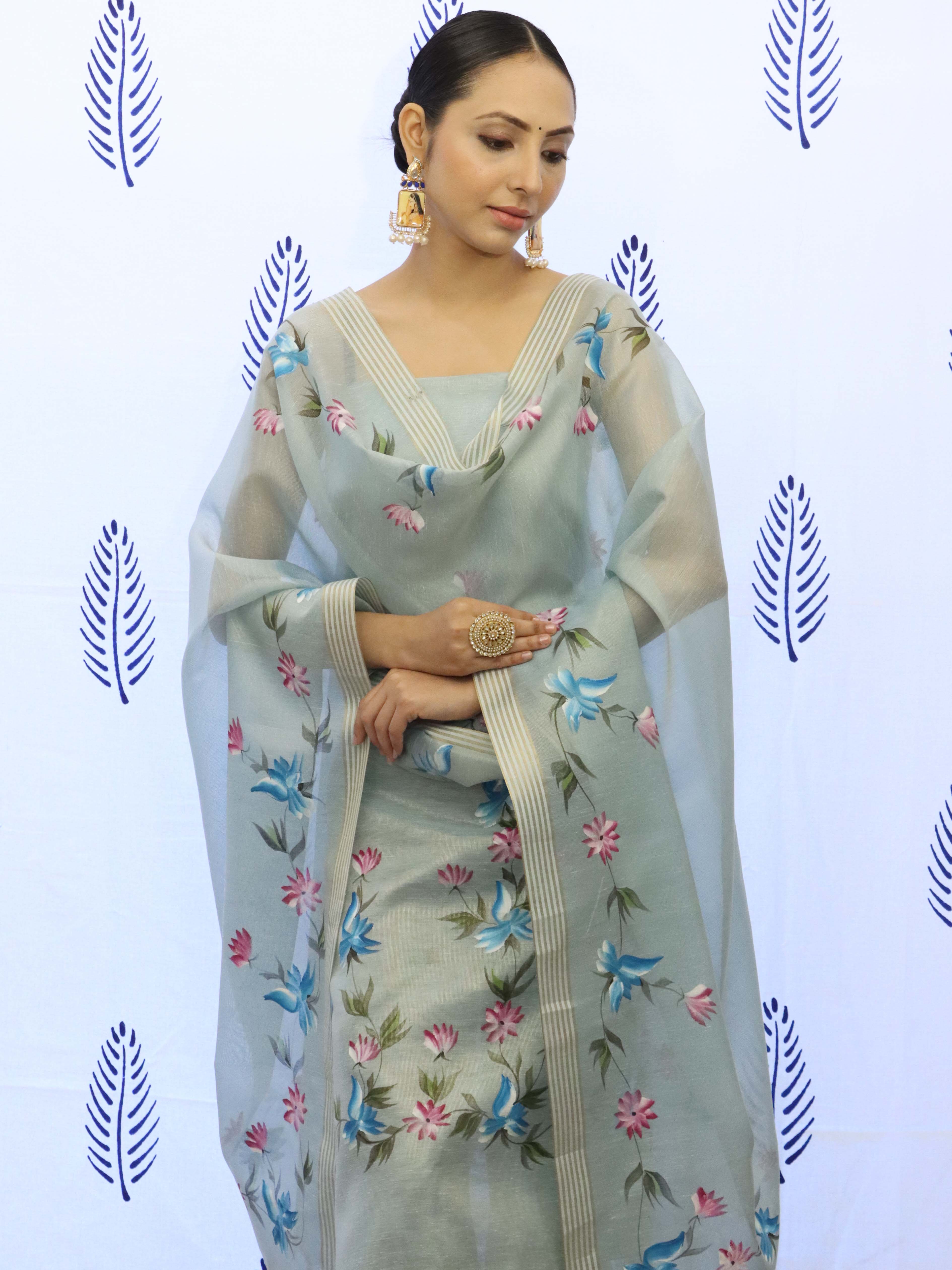 Banarasee Tissue Hand-Painted Salwar Kameez Fabric With Dupatta Set-Grey