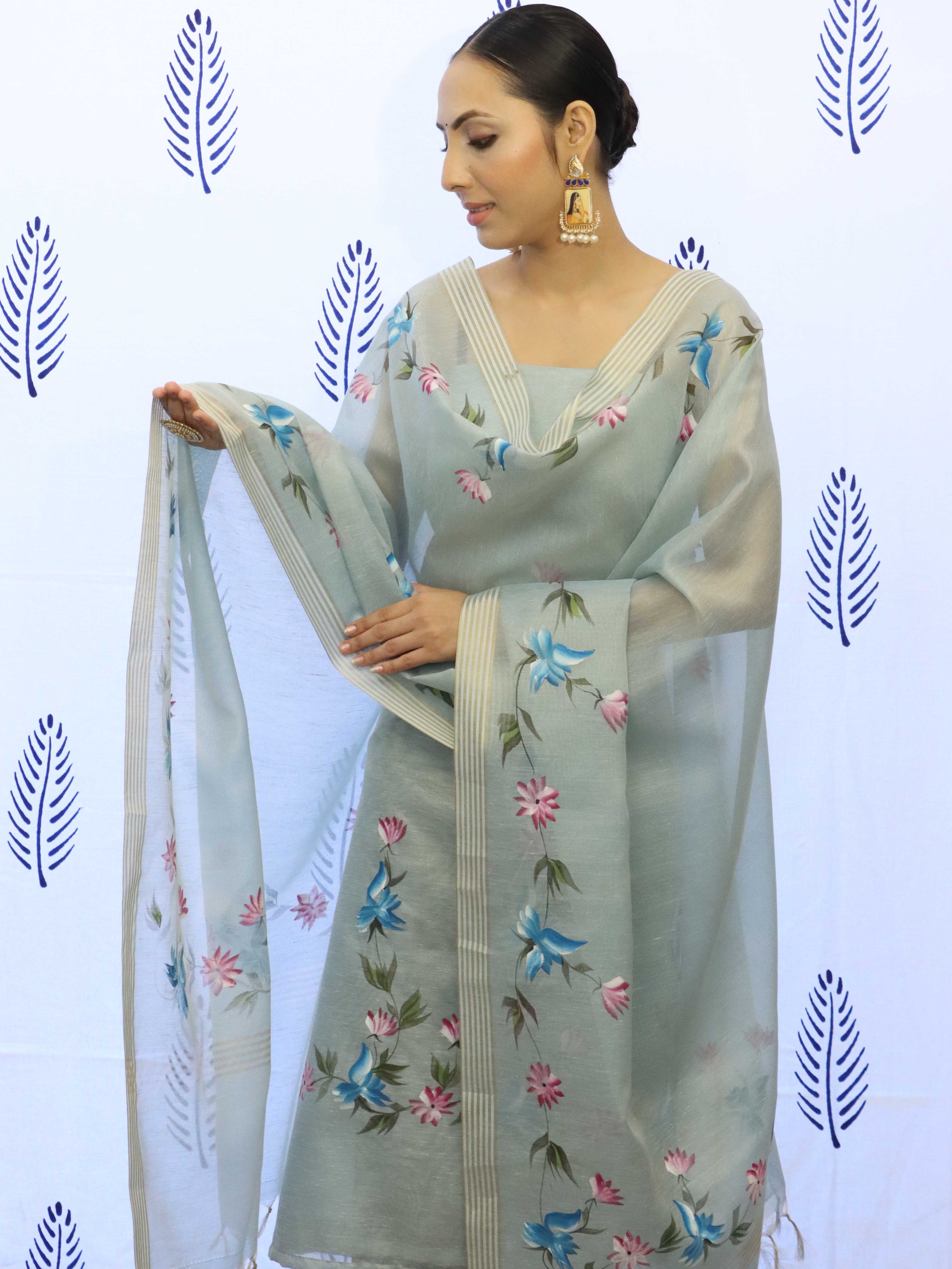 Banarasee Tissue Hand-Painted Salwar Kameez Fabric With Dupatta Set-Grey