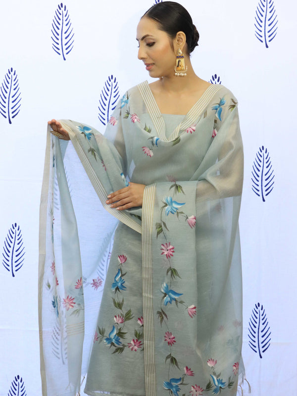 Banarasee Tissue Hand-Painted Salwar Kameez Fabric With Dupatta Set-Grey