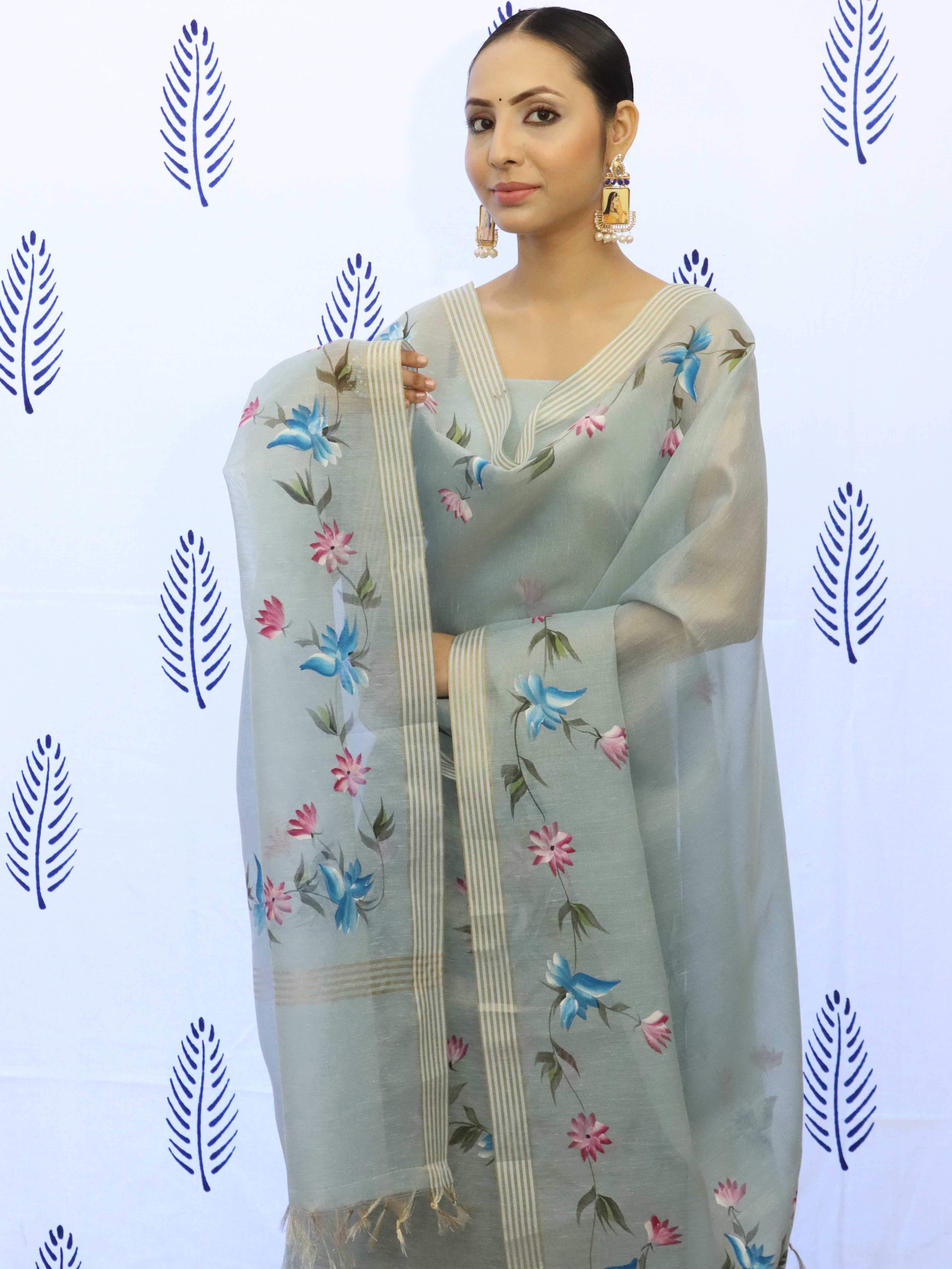 Banarasee Tissue Hand-Painted Salwar Kameez Fabric With Dupatta Set-Grey