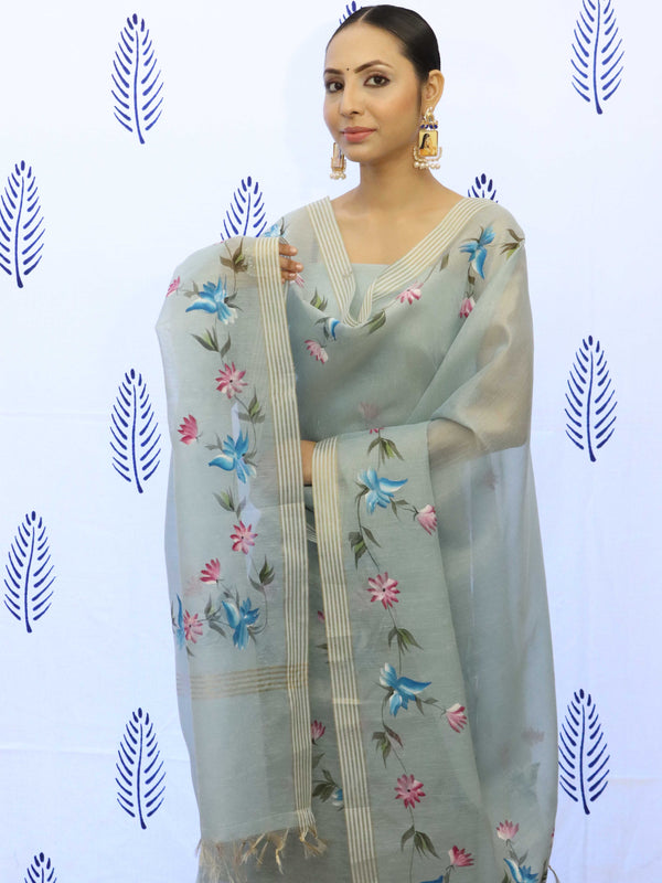 Banarasee Tissue Hand-Painted Salwar Kameez Fabric With Dupatta Set-Grey